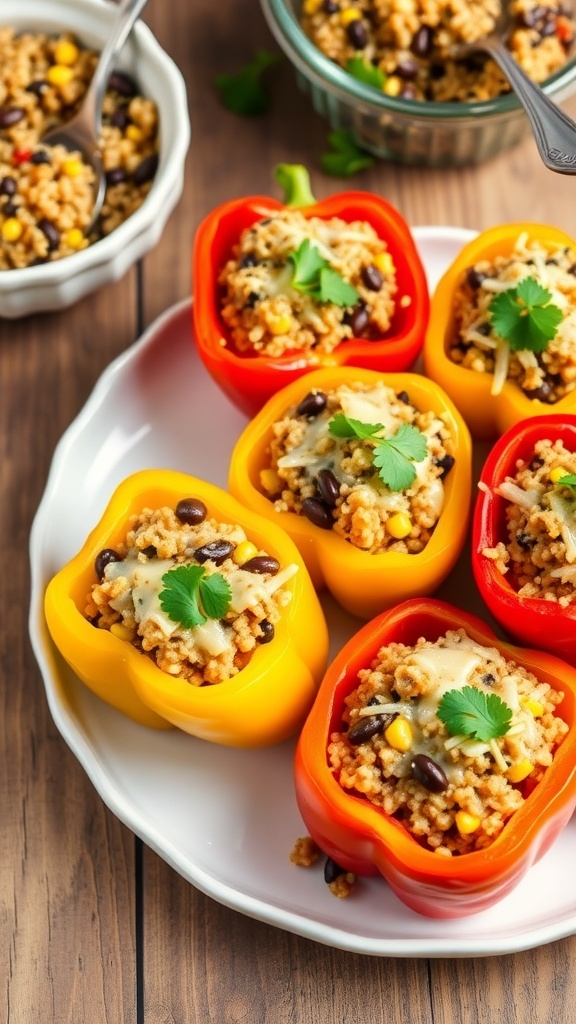 Colorful stuffed bell peppers filled with quinoa, black beans, and corn, topped with cheese and cilantro.